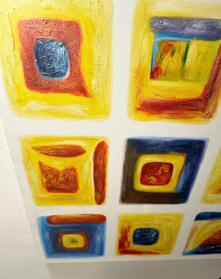 Large 1980’s Geometric Abstract Oil on Canvas in Primary Colors, Signed W. Hall