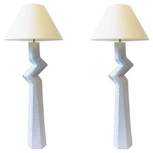 1980’s Ziggurat for Michael Taylor White Plaster Zig Zag Floor Lamps, a pair